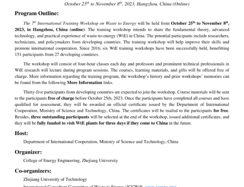 7th International Training Workshop on Waste to Energy October 25th to November 8th, 2023, Hangzhou, China (Online)