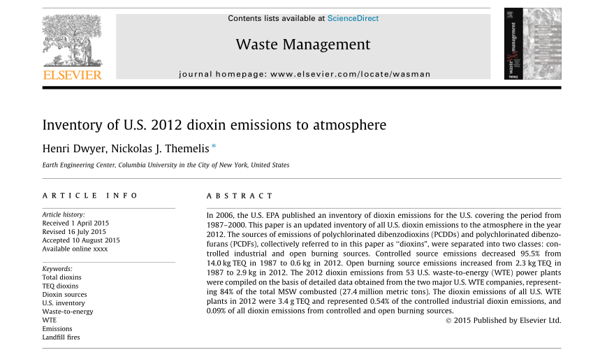 Inventory of U.S. 2012 dioxin emissions to atmosphere